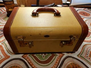 Vintage Towne Train Case Make Up Carry On Case Suitcase Luggage,  Tweed & Leather