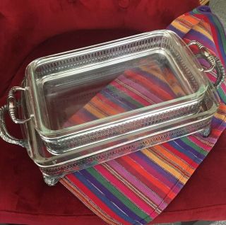 2 Vintage Silver - Plate Stand With 2 - Quart& 1 Quart Glass Pyrex Baking Dish