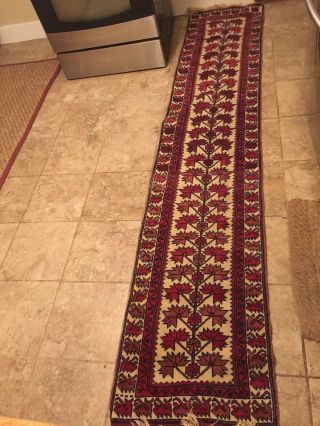 Vintage Geometric Runner Hand - Knotted Rug Wool Red