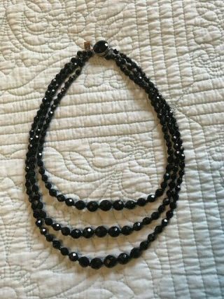 Vintage 3 Strand Black Jet Bead Necklace