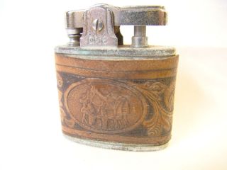 Vintage Continental Automatic Carved Leather Saddle Lighter Sparking Well