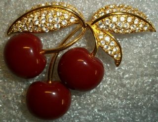 Vintage Joan Rivers Gold Tone Rhinestone And Cabochon Cherries Brooch