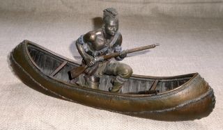 Native American Art Sculpture Artist Sign Armed Iroquois On Birchbark Canoe 447f