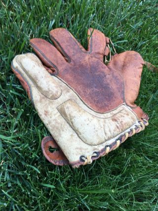 Early Old Antique 1920 ' s 2 Tone Leather Tunnel Loop Crescent Pad Baseball Glove 2