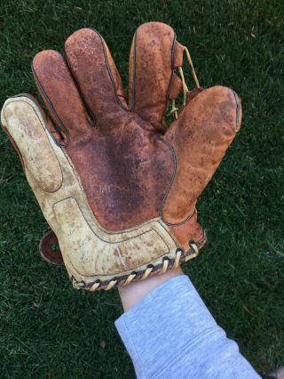Early Old Antique 1920 ' s 2 Tone Leather Tunnel Loop Crescent Pad Baseball Glove 3