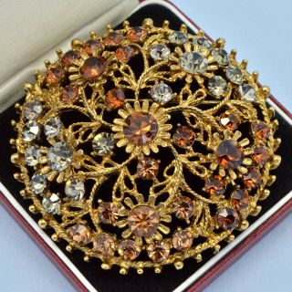 Vintage Brooch Large 1960s Amber & Grey Crystal Flowers Goldtone Jewellery