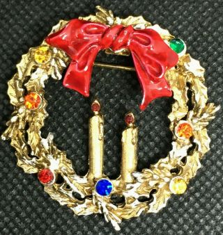 Estate Find Vintage Christmas Candles Wreath Pin Brooch - Rhinestones
