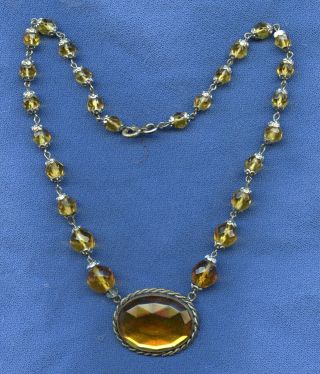 Vintage Czechoslovakian Faceted Amber Colored Glass Necklace Bohemian Crystal