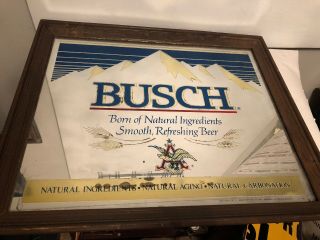 Vintage Busch Beer Mirror Sign In Wood Frame.  24 By 20”