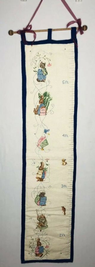 Vintage Hand Embroidered Childs Growth Chart Nursery Decor Peter Rabbit Kitten