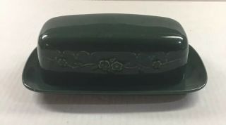 Vintage Green Floral Etched Ceramic Butter Dish With Lid.  8 - 1/4 "