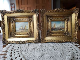 2 Antique French Maritime Sea Ships Miniature Oil Painting Prints Gold Frames