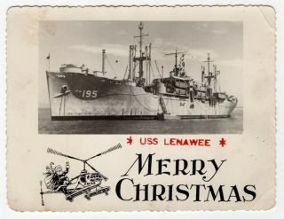 Vintage Military Xmas Card: " Uss Lenawee " W/ Santa Claus Piloting A Helicopter