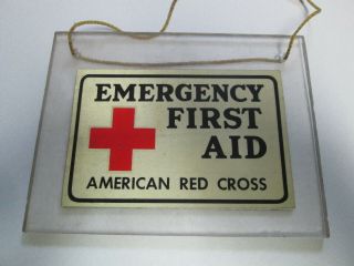 Vtg American Red Cross Emergency First Aid Reflective Sticker On Plastic Sign