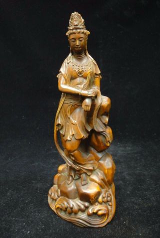 Very Fine Old Chinese Boxwood Hand Carved " Guanyin " Buddha Statue Sculpture