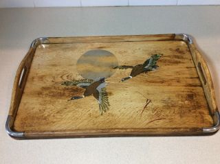 Vintage Hand Painted Wood Serving Tray Ducks Birds