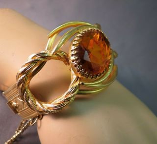 Vtg Bangle Bracelet Huge Amber Glass Stone Rhinestone Repousse Hinged Unmarked
