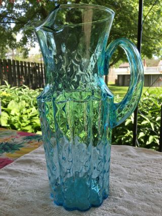 Vintage Aqua / Turquoise / Sky Blue Glass Beverage Pitcher,  64 Oz.  11 " X 4 "