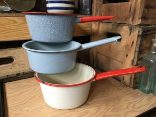 3 Vintage Red White Gray Enamel Ware Pot Sauce Pan Pots Pans Handle Ladle
