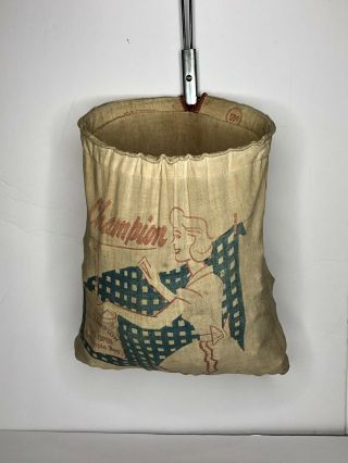 Vintage Clothespin Bag Champion Open Top Metal Hanger Plus 64 Wooden Clothespins