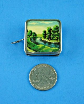 Vintage Metal West Germany Zone Sewing Fabric Tape Measure Celluloid Landscape