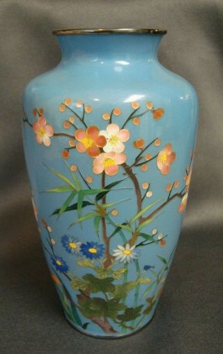 Fine Japanese Silver Wire Cloisonne Vase Blue With Cherry Blossoms Marked