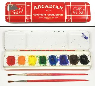 Vintage Arcadian No.  525 Water Colors Paint Tin Binney & Smith W/ 2 Orig Brushes