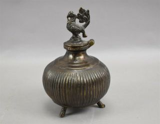 Antique Bronze Indian Holy Water Pot Footed Vase Pitcher Surai With Figure Lid