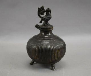 Antique Bronze Indian Holy Water Pot Footed Vase Pitcher Surai with Figure Lid 2