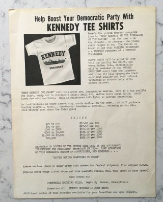 Vintage Jfk John F.  Kennedy 1960 Political Campaign Broadside Tshirt Advertising