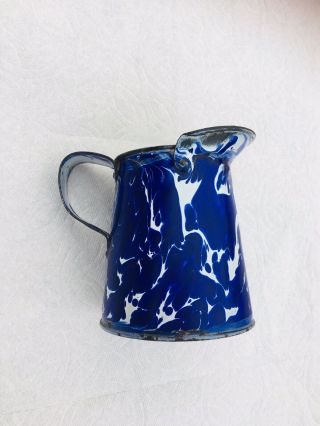 Rare Antique 4 1/2” Granite Ware Enamel Ware Cobalt Blue/wht Large Swirl Measure