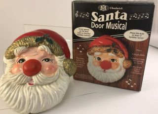 Vintage Santa Claus Head Face Push Red Nose Lite Up Musical Door Plays 3 Tunes
