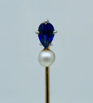 Antique 14k Blue Sapphire White Pearl Stickpin Stick Pin Brooch Vintage Gold Old