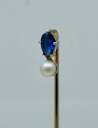 Antique 14K Blue Sapphire White Pearl Stickpin Stick Pin Brooch Vintage Gold Old 2