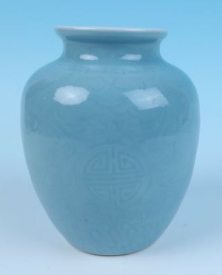 Chinese Porcelain Celadon Type Blue Vase W/ Incised Bats Rui & Shou China 蝠 寿