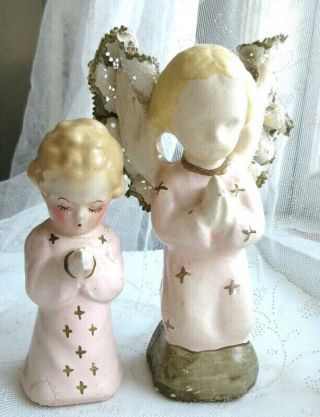 2pc Vintage Chalk Ware Praying Guardian Angel Child Figurines Lace Trim On Wings