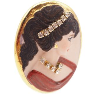 Vintage Estate Porcelain Figural Lady In Rhinestones Brooch Scarf Lapel Pin 3