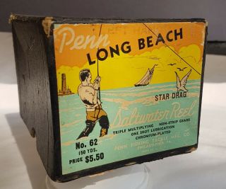 Rare Vintage Penn Long Beach No.  62 Box & Lid Only - (ref - N1129)