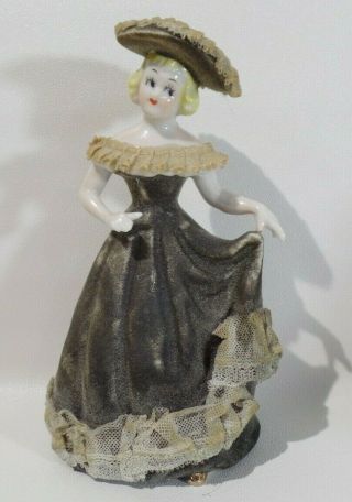 Vtg Dresden Style Figurine Blonde Lady Lace Flocked Black Dress W/ Hat 6 "
