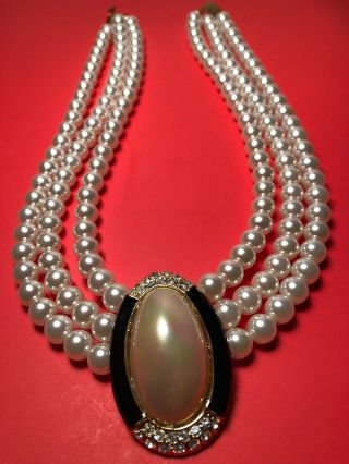 Vintage Pearl Necklace Multi Strand Creamy White 8mm Black Enamel Oval Pendant