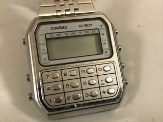 Vintage 80s Casio C - 801 Calculator Watch Silver Face Japan