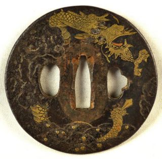 Antique Japanese Katana Sword Tsuba Dragon Water Dragon Clouds Forged Iron Old