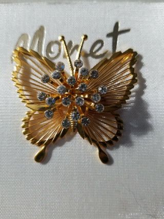 Vintage Monet Gold Tone Butterfly Brooch Pin With Rhinestones