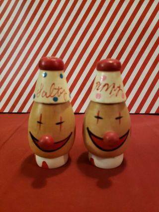 Vintage Wooden Clown Salt & Pepper Shakers Salty And Peppy Japan -