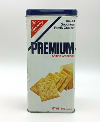 Vintage Nabisco Premium Saltine Crackers Tin / Canister W/ Dark Blue Lid 1978
