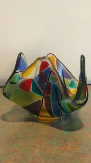 Vintage Hand Blown Murano Style Art Glass Multi Color Abstract Dish