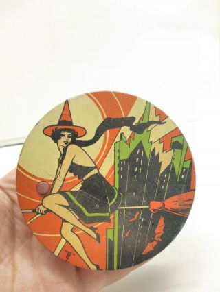 Vintage Halloween Tin Noise Maker Sexy Witch Art Deco City 