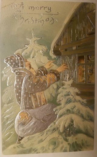 Vintage 1911 Postcard Santa W/ Pack At A House In The Snow - Silver Highlights