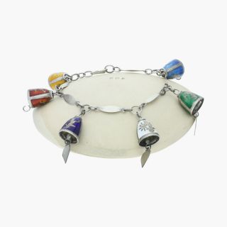 Vintage / Sterling Silver Siam Enamel Bell Charm (repair) / Bracelet 7“ (18.  6g)