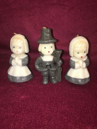 Vintage Gurley 3 Thanksgiving Candles Pilgrim Boy & Girl Holiday Decor Gray Usa